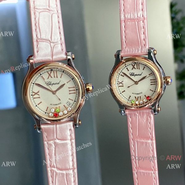 Clone Chopard Happy Sport Diamond Couple Watches Black Leather Strap Clone Chopard Happy Sport Diamond Couple Watches Black Leather Strap