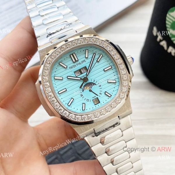 New Clone Patek Philippe Nautilus Annual Calendar Watch Baby Blue Face with Diamonds New Clone Patek Philippe Nautilus Annual Calendar Watch Baby Blue Face with Diamonds
