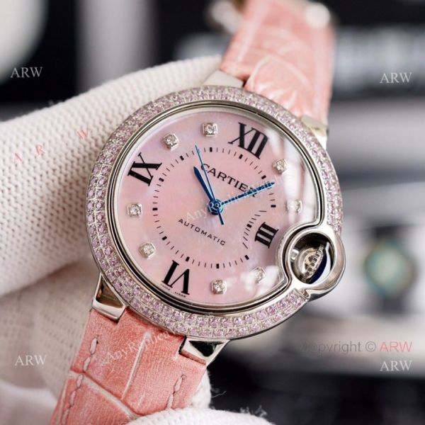 New Cartier Ballon Bleu 33mm With Diamonds Bezel Pink MOP Dial Pink Leather Strap Copy Watch New Cartier Ballon Bleu 33mm With Diamonds Bezel Pink MOP Dial Pink Leather Strap Copy Watch