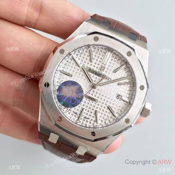 JF Factory Swiss Audemars Piguet Replica Watch Silver Face Brown Leather Band JF Factory Swiss Audemars Piguet Replica Watch Silver Face Brown Leather Band