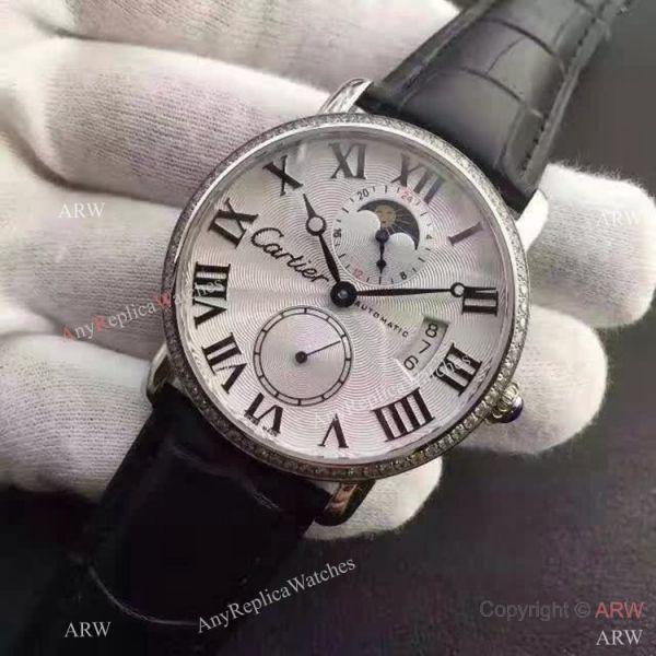 Copy Swiss Cartier Louis Moon Phase Watch SS Diamond Bezel Copy Swiss Cartier Louis Moon Phase Watch SS Diamond Bezel