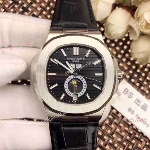 New Patek Philippe Nautilus White Face Annual Calendar Watch Brown Leather Strap New Patek Philippe Nautilus White Face Annual Calendar Watch Brown Leather Strap