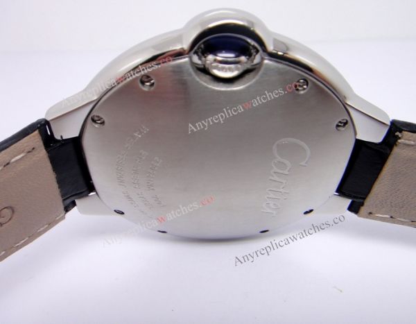 Balloon Blue Fake Cartier Watches Sale SS Silver Face with Black Leather Strap Balloon Blue Fake Cartier Watches Sale SS Silver Face with Black Leather Strap