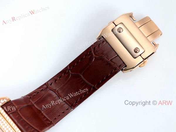 Iced Out Cartier Santos Diamond Watch Automatic Brown Leather Strap Iced Out Cartier Santos Diamond Watch Automatic Brown Leather Strap