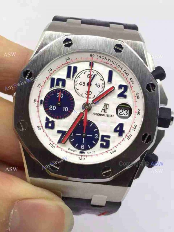Swiss Audemars Piguet White &038; Blue Chronograph Black Leather Watch Swiss Audemars Piguet White &038; Blue Chronograph Black Leather Watch