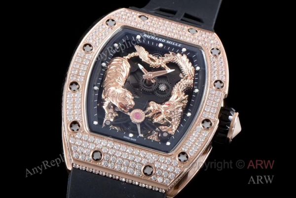KV Factory Crazy Richard Mille RM051 Tiger Dragon rose gold with diamonds Skeleton Replica Watches KV Factory Crazy Richard Mille RM051 Tiger Dragon rose gold with diamonds Skeleton Replica Watches