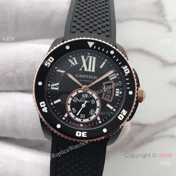 Swiss Fake Calibre De Cartier Diver watch Black PVD Case Rose Gold Fluted Bezel Swiss Fake Calibre De Cartier Diver watch Black PVD Case Rose Gold Fluted Bezel