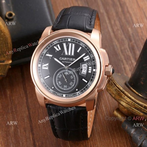Replica Cartier Calibre de Cartier Men Watches SS Black Leather Strap Replica Cartier Calibre de Cartier Men Watches SS Black Leather Strap