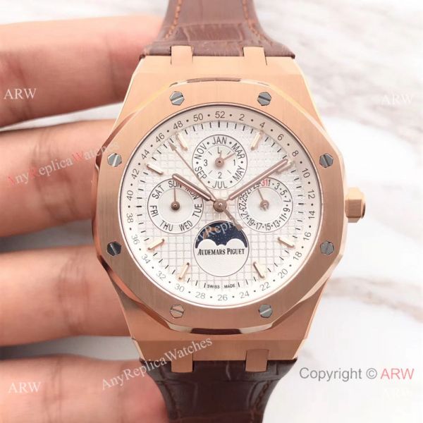 Audemars Piguet Royal Oak Perpetual Calendar Replica Watch Rose Gold Brown Leather Strap Audemars Piguet Royal Oak Perpetual Calendar Replica Watch Rose Gold Brown Leather Strap