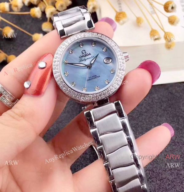 Omega Replica Watches De Ville Ladymatic SS Blue MOP Dial Diamond Bezel Ladies Watch Omega Replica Watches De Ville Ladymatic SS Blue MOP Dial Diamond Bezel Ladies Watch