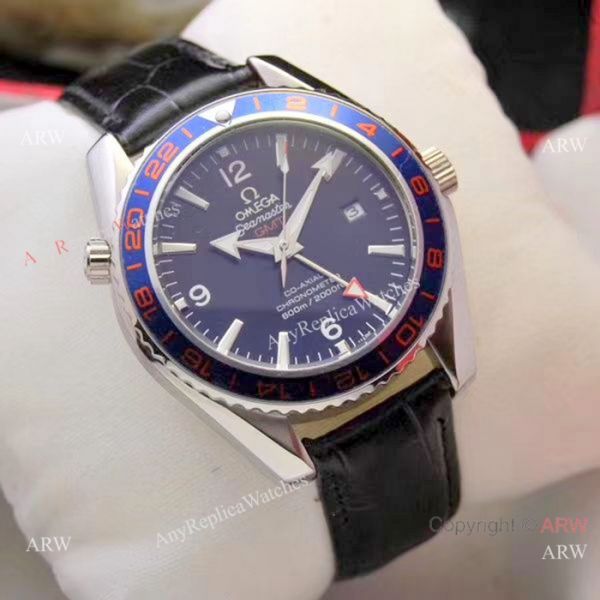 Copy Omega Seamaster GMT 45mm Watches SS Black Leather Strap Copy Omega Seamaster GMT 45mm Watches SS Black Leather Strap