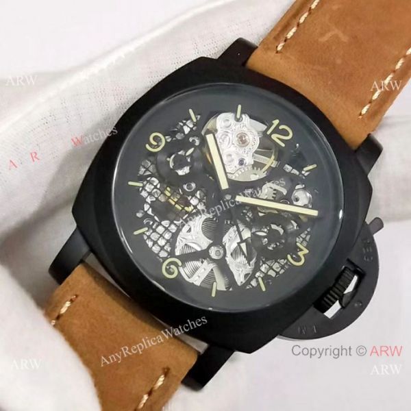 Best Quality Panerai Black Hollow Watch 47mm Brown Leather Strap Best Quality Panerai Black Hollow Watch 47mm Brown Leather Strap