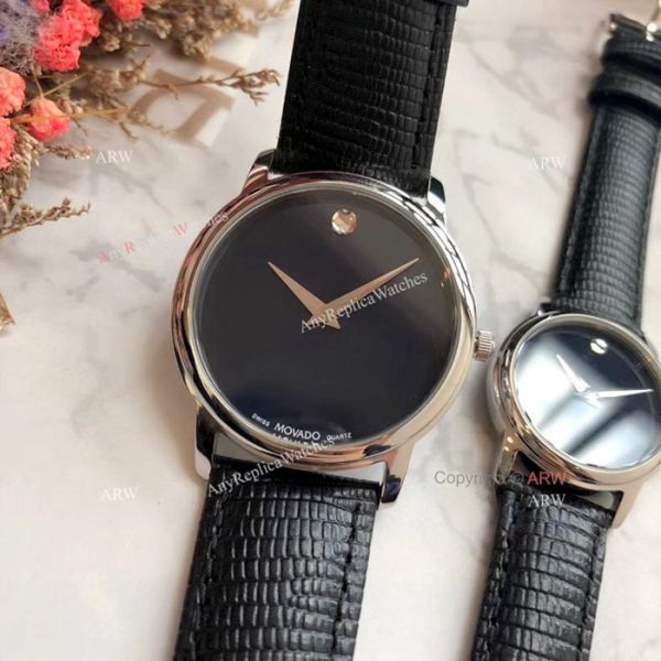 New Replica MOVADO Quartz Lovers Watch SS Black Leather Strap New Replica MOVADO Quartz Lovers Watch SS Black Leather Strap