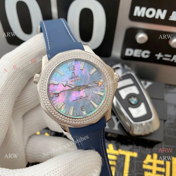 Swiss 8500 Omega Seamaster Copy Watch SS Diamond bezel White MOP Dial Swiss 8500 Omega Seamaster Copy Watch SS Diamond bezel White MOP Dial