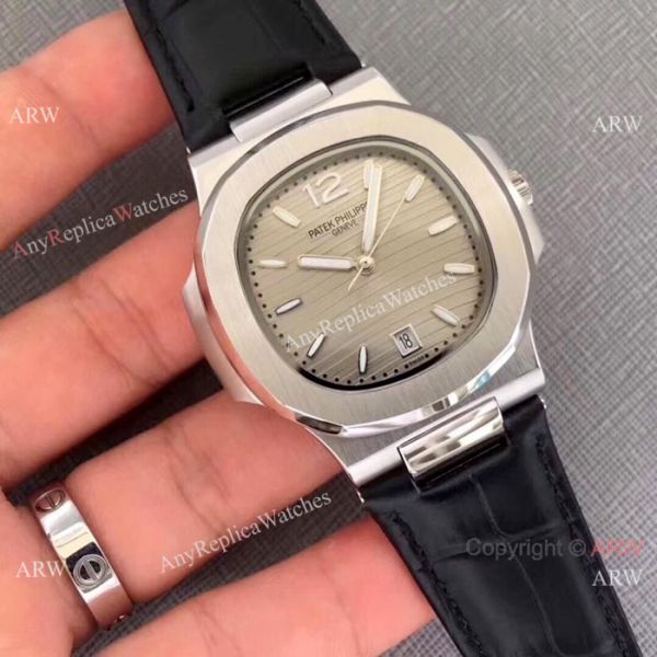 New Patek Philippe Nautilus Watch SS Gray Dial Black Leather Band New Patek Philippe Nautilus Watch SS Gray Dial Black Leather Band
