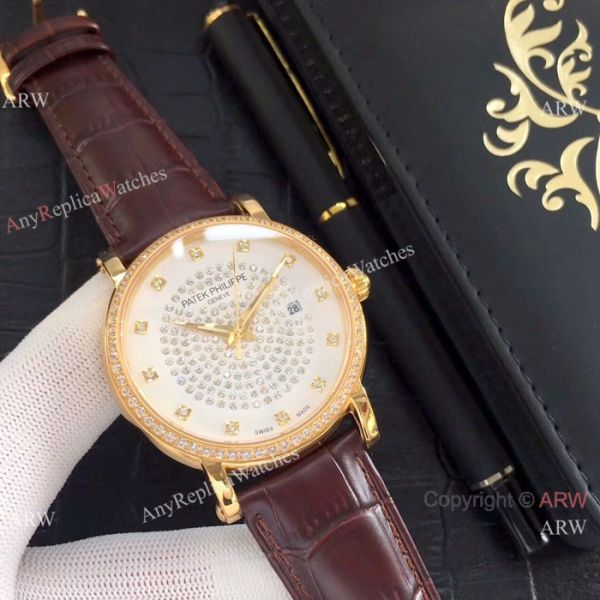 Patek Philippe Calatrava Diamond Watch SS Black Leather Band Patek Philippe Calatrava Diamond Watch SS Black Leather Band