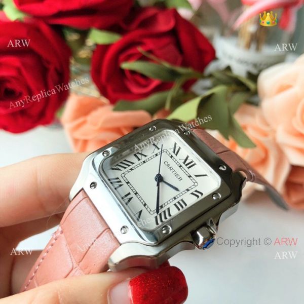 New Style Santos Cartier Watch Lady Pink Leather Strap New Style Santos Cartier Watch Lady Pink Leather Strap