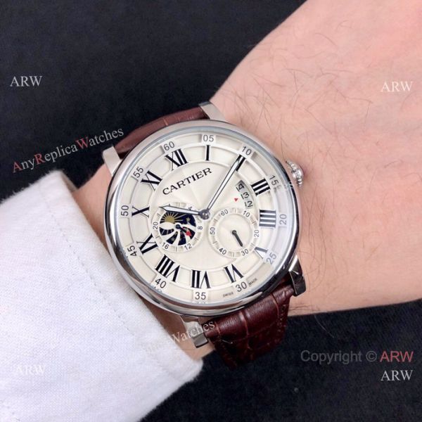Copy Rotonde de Cartier Moonphase Watches Rose Gold Leather Strap Copy Rotonde de Cartier Moonphase Watches Rose Gold Leather Strap