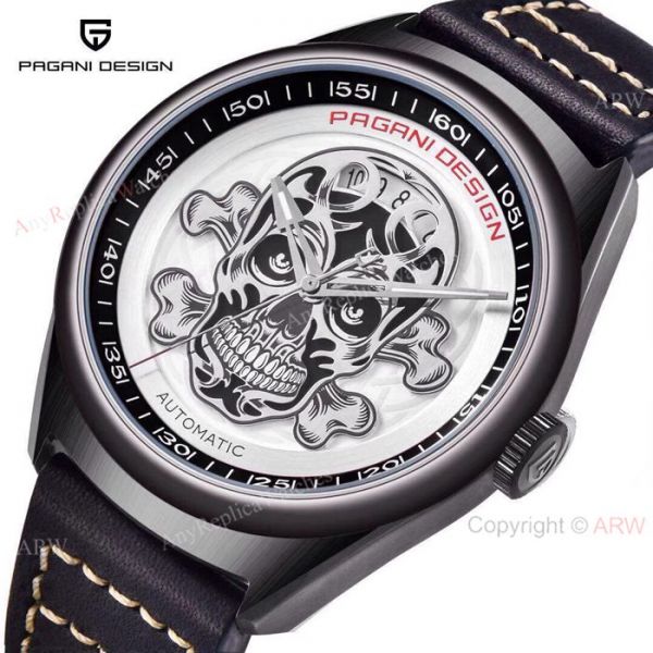 Pagani Design PVD Black Steel Watch White Skull Face Pagani Design PVD Black Steel Watch White Skull Face