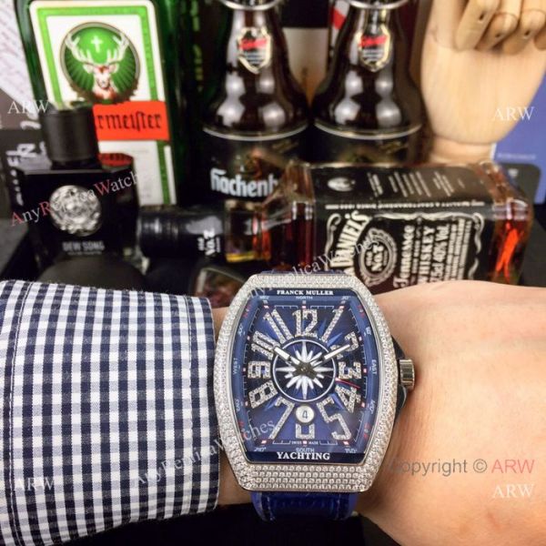Swiss Copy Franck Muller Iced Out Rose Gold Blue Dial Watch Vanguard Yachting V45 Collection Swiss Copy Franck Muller Iced Out Rose Gold Blue Dial Watch Vanguard Yachting V45 Collection