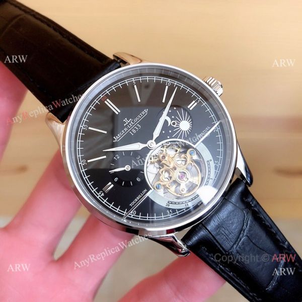 Fake Jaeger LeCoultre Master Tourbillon Moonphase Watch Black Leather Band Fake Jaeger LeCoultre Master Tourbillon Moonphase Watch Black Leather Band