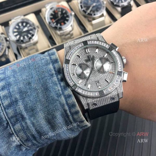 Iced Out Hublot Knock off Watches Classic Fusion SS Black Rubber Strap Iced Out Hublot Knock off Watches Classic Fusion SS Black Rubber Strap