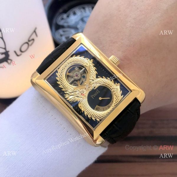 2019 Copy Piaget Black Tie Dragon watches Gold Case Brown Strap 2019 Copy Piaget Black Tie Dragon watches Gold Case Brown Strap