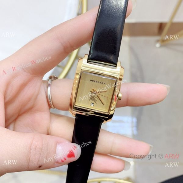 Copy Burberry 25mm women Watches Gold Case Black Leather Band Copy Burberry 25mm women Watches Gold Case Black Leather Band