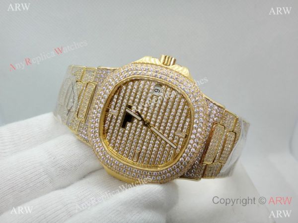 Swiss Replica Patek Philippe Nautilus Jumbo Gold Iced Out Watch 39.5mm Swiss Replica Patek Philippe Nautilus Jumbo Gold Iced Out Watch 39.5mm
