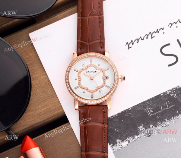 Copy Cartier Red Leather Strap Rose Gold Diamond Quartz Watch 35mm Copy Cartier Red Leather Strap Rose Gold Diamond Quartz Watch 35mm