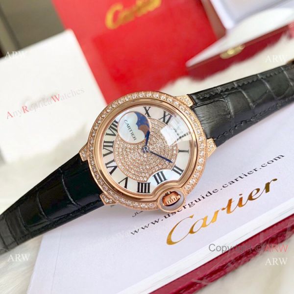Ballon Bleu de Cartier 36mm Replica Watches Gold Diamond Green Leather Band Ballon Bleu de Cartier 36mm Replica Watches Gold Diamond Green Leather Band