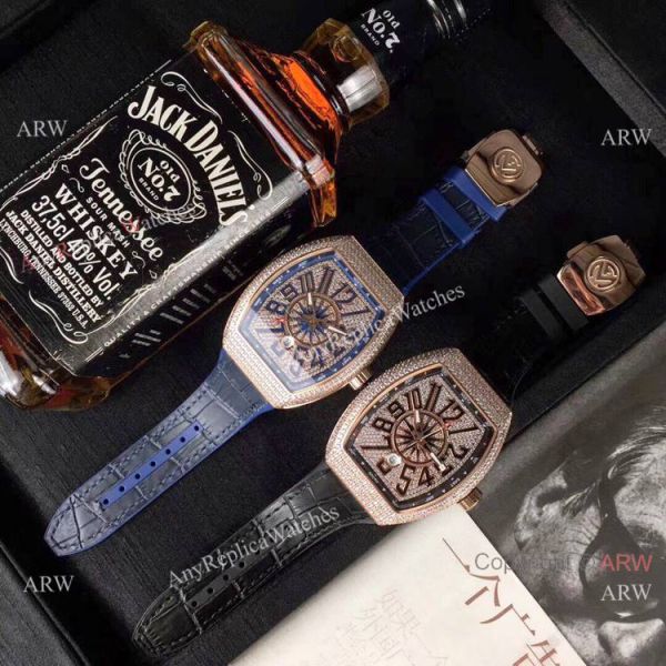 Swiss Quality Franck Muller Vanguard Yachting v45 Watch Rose Gold Diamond Blue Gummy strap Swiss Quality Franck Muller Vanguard Yachting v45 Watch Rose Gold Diamond Blue Gummy strap