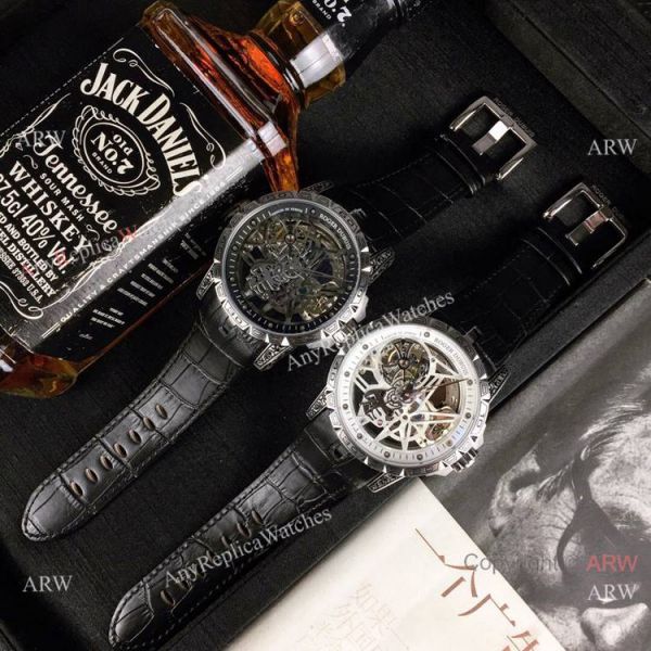 Copy Roger Dubuis Excalibur 46 Skeleton Men Watch SS Black Leather Strap Copy Roger Dubuis Excalibur 46 Skeleton Men Watch SS Black Leather Strap