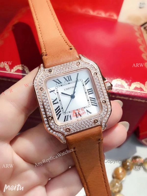 New Cartier Santos 100 Diamond Replica Watch Rose Gold Brown Leather Strap New Cartier Santos 100 Diamond Replica Watch Rose Gold Brown Leather Strap