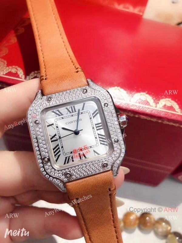 Cartier Santos 100 Diamond Replica Watch SS Diamond Case Blue Leather Strap Cartier Santos 100 Diamond Replica Watch SS Diamond Case Blue Leather Strap