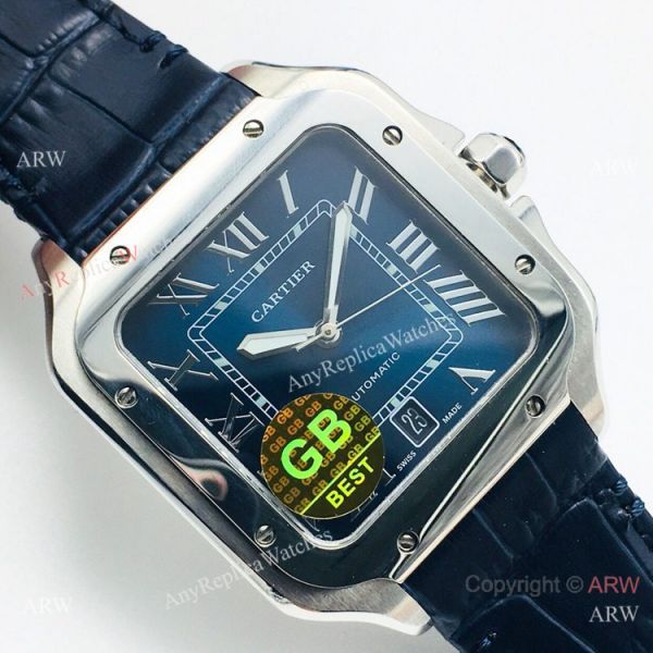 (GB) Swiss Copy Cartier Santos De Mens Watch Blue Dial Blue Leather Strap (GB) Swiss Copy Cartier Santos De Mens Watch Blue Dial Blue Leather Strap