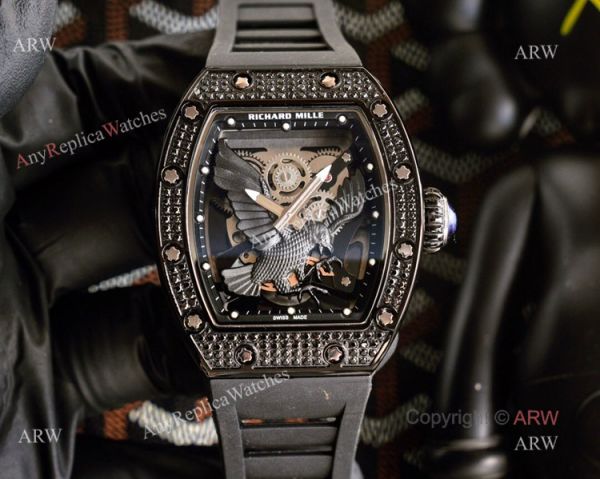 Limited Richard Mille Eagle Copy Watch With Silver Diamonds Black Rubber Band For Men Limited Richard Mille Eagle Copy Watch With Silver Diamonds Black Rubber Band For Men