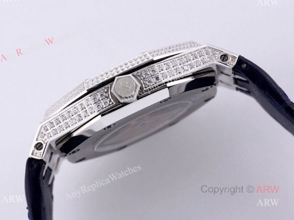 Swiss Replica Iced Out Audemars Piguet Royal Oak Blue Dial Watch Blue Leather Strap Swiss Replica Iced Out Audemars Piguet Royal Oak Blue Dial Watch Blue Leather Strap