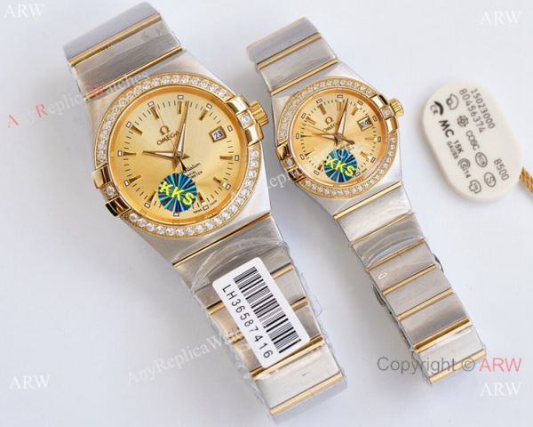 Swiss Quality Clone Omega Double Eagle Couple Watches Silver Dial Diamond Bezel 38mm and 27mm Swiss Quality Clone Omega Double Eagle Couple Watches Silver Dial Diamond Bezel 38mm and 27mm