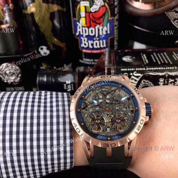 Replica Roger Dubuis Excalibur Double Flying Tourbillon Watches Black Skeleton Dial Rose Gold Replica Roger Dubuis Excalibur Double Flying Tourbillon Watches Black Skeleton Dial Rose Gold