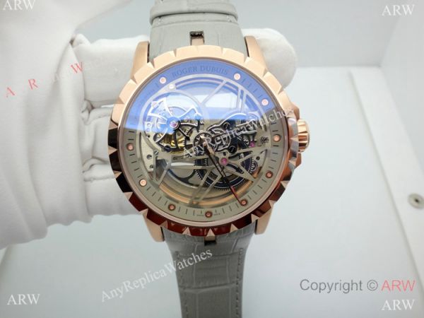 Copy Roger Dubuis Excalibur Flying Tourbillon Watch Rose Gold Gray Leather Strap Copy Roger Dubuis Excalibur Flying Tourbillon Watch Rose Gold Gray Leather Strap