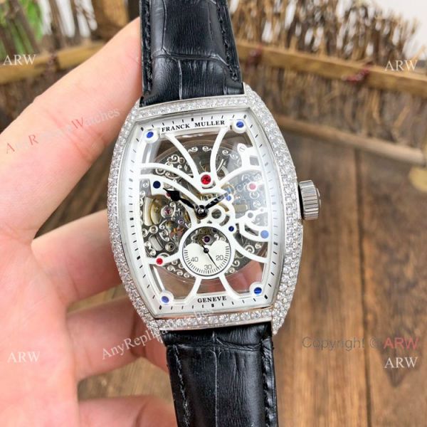 Knockoff Franck Muller Cintree Curvex Skeleton Watches SS Diamond Brown Leather Strap Knockoff Franck Muller Cintree Curvex Skeleton Watches SS Diamond Brown Leather Strap