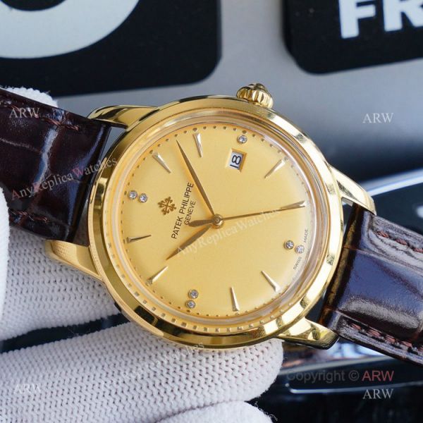 New Patek Philippe Calatrava Replica Watch Gold Dial With Brown Leather Band New Patek Philippe Calatrava Replica Watch Gold Dial With Brown Leather Band