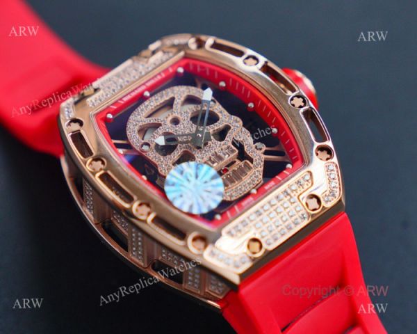 Rose Gold Richard Mille RM 052 Skull Replica Watch With Red Rubber Strap Rose Gold Richard Mille RM 052 Skull Replica Watch With Red Rubber Strap