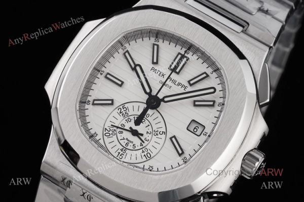 New Swiss Replica Patek Philippe Nautilus Silver Case White Dial Chronograph Watch New Swiss Replica Patek Philippe Nautilus Silver Case White Dial Chronograph Watch