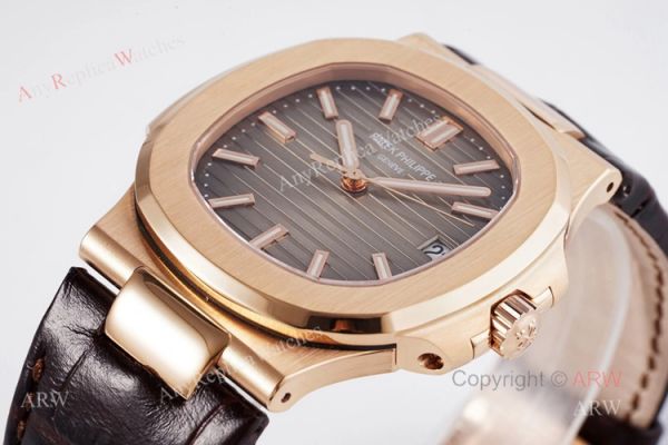 Swiss Patek Philippe Nautilus Rose Gold Grey Dial Brown Leather Strap Replica Watch Swiss Patek Philippe Nautilus Rose Gold Grey Dial Brown Leather Strap Replica Watch