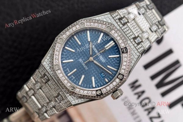 Iced Out Audemars Piguet 15400 Blue Dial Swiss 3120 Replica Watches 41mm Iced Out Audemars Piguet 15400 Blue Dial Swiss 3120 Replica Watches 41mm
