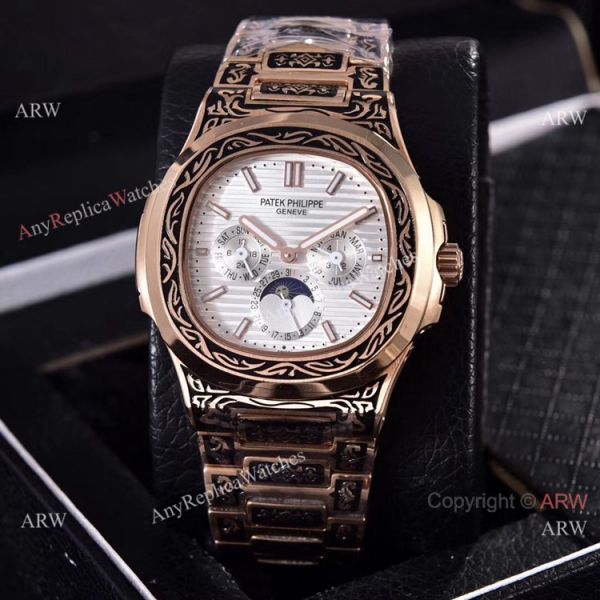 Knockoff Patek Philippe 5740 Nautilus Rose Gold Engraving Gray Gradient Face Knockoff Patek Philippe 5740 Nautilus Rose Gold Engraving Gray Gradient Face