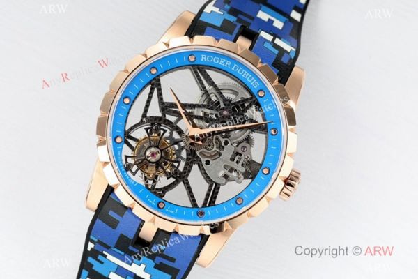 2021 New! BBR Factory Roger Dubuis Excalibur Skeleton Flying Tourbillon Watch Rose Gold Blue Rubber Strap 2021 New! BBR Factory Roger Dubuis Excalibur Skeleton Flying Tourbillon Watch Rose Gold Blue Rubber Strap