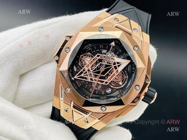 Replica Rose Gold Hublot Big Bang Sang Bleu 45 Watch Asia 7750 With Black Rubber Band Replica Rose Gold Hublot Big Bang Sang Bleu 45 Watch Asia 7750 With Black Rubber Band